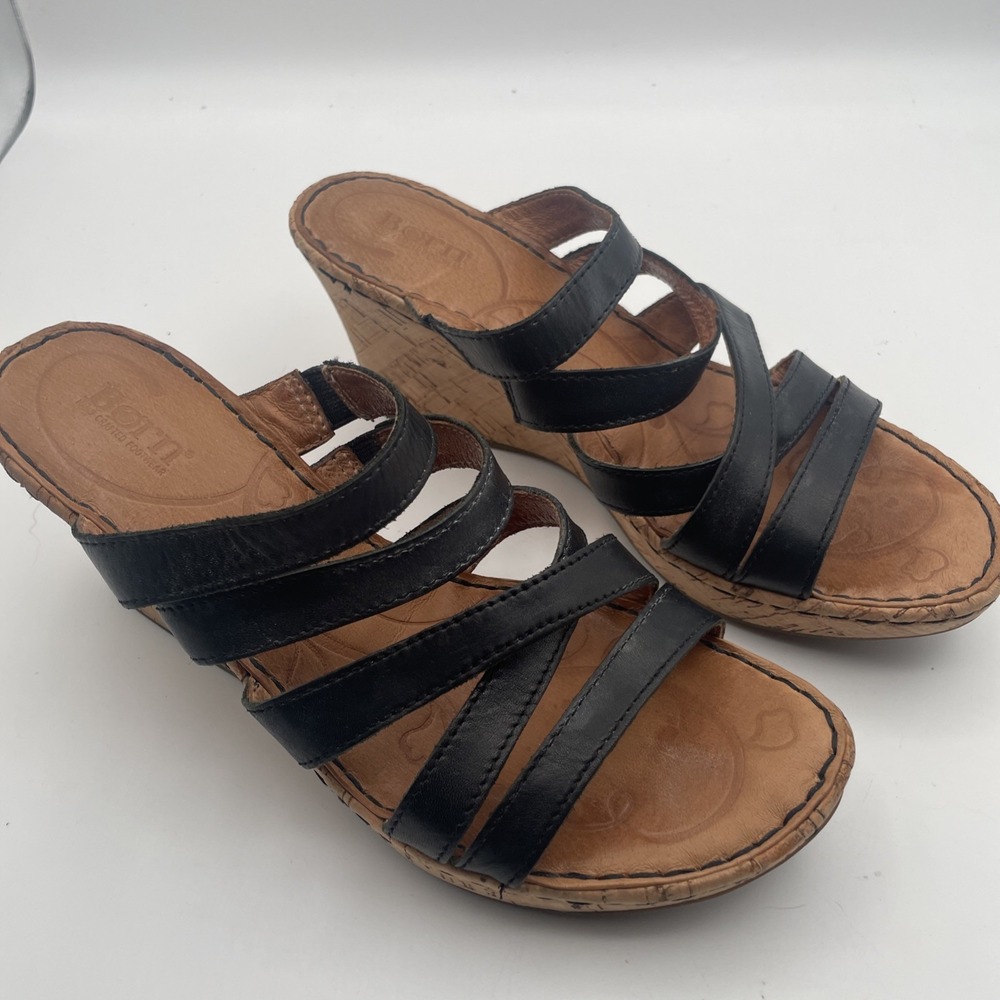 Born Women's Wedge Sandal Size 7/38 Cork Heel Platform Black Leather Strappy - Picture 1 of 9